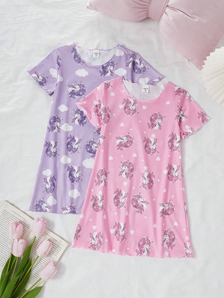 2pcs/Set Girls Cartoon Print Knit Short Sleeve Nightgown Pajamas, Spring/Summer - Multicolor - View 1