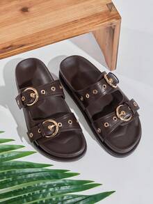 SHUZIA Women's Replica Superior Comfort Buckled Double Strap Slip-On Flat Sandals Summer Shoes - Chocolate Brown - View 7