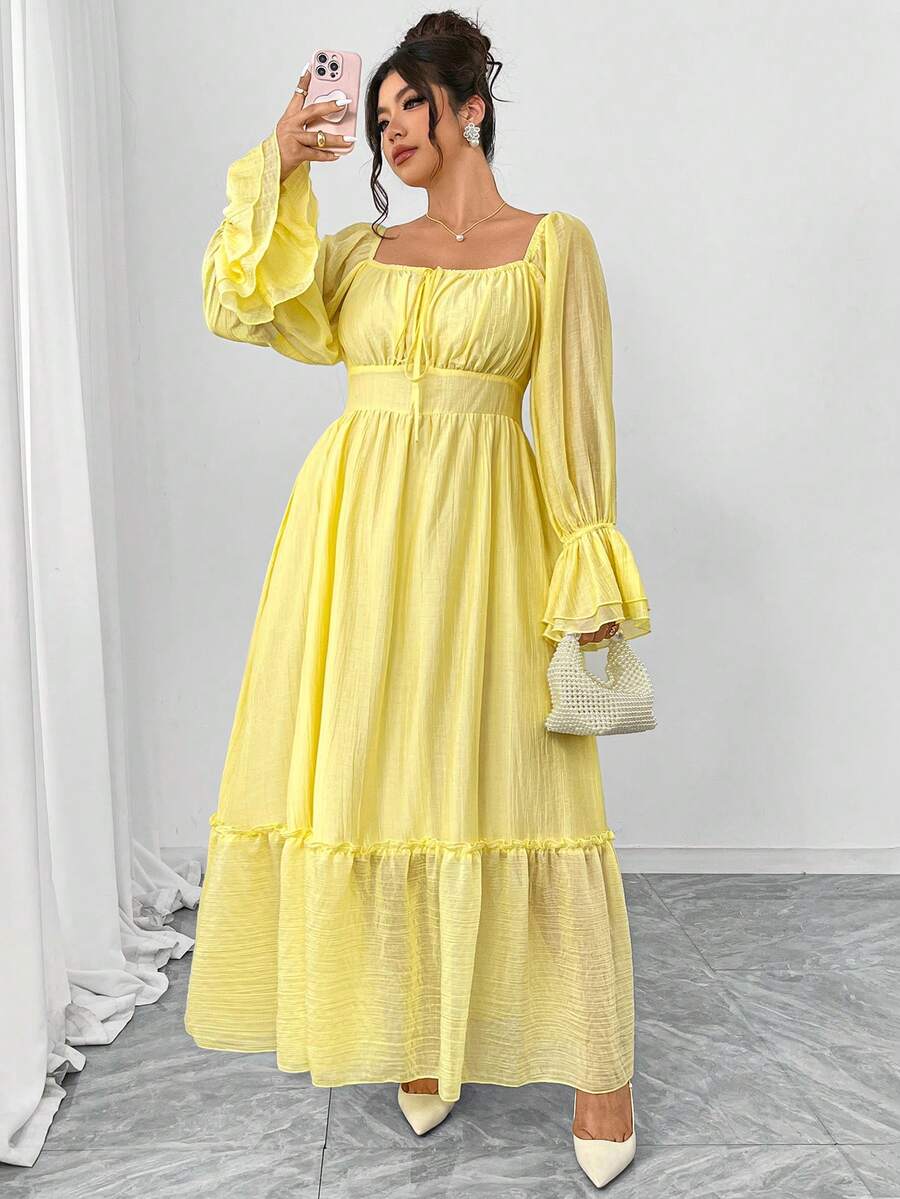 Elenzga Plus Size Women's Elegant Yellow Autumn Maxi Dress,Bow Tie Chest Mesh Patchwork Ruffle Hem Long Sleeve Gathered Waist A-Line Vacation Holiday Dress - Light Yellow - View 1