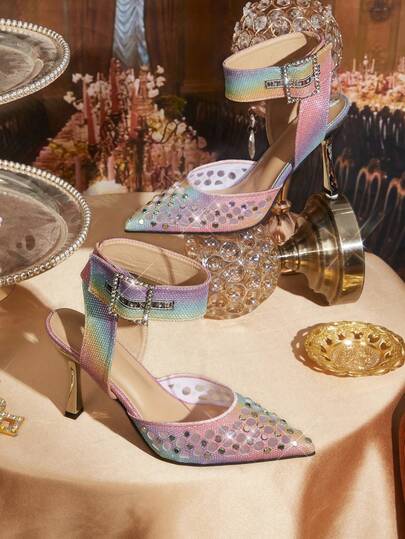 CUCCOO TILAWA Damskor med hög klack, spetsig tå, ryggrem, moderiktiga nät, andningsbara nät, glittrande sexiga skor, lämpliga för sommarsemester, eleganta, sommarskor, elegant design, modeskor, nätmaterial, bekväm passform, bekväma skor, dammode