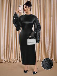 Elenzga Vestido Plus Size Com Mangas Assimétricas Em Patchwork Pu E Chiffon, Elegante Para Passeios, Festas, Encontros, Reuniões E Eventos Formais. - Preto - Ver 9