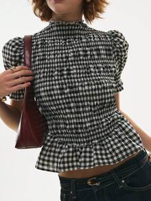 Poéselle Women's Casual Plaid Ruffle Hem Puff Sleeve Cotton  Blouse, Summer - Black - View 7