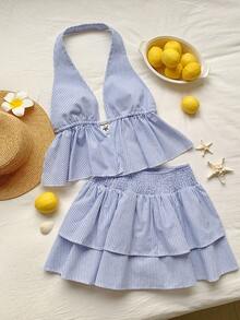 SHEIN EZwear Women's Striped Ruffle Hem Backless Halter Top And Mini Skirt Sexy Fashion 2-Piece Set - Baby Blue - View 6