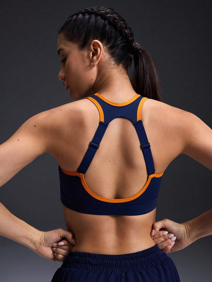 Powerista Women's Contrast Binding Open Back Sports Bra - Blue - View 1