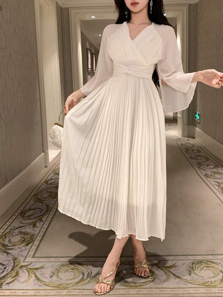 Women's V-Neck Ruched Waist Midi Dress, Elegant Sundress