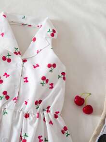 Girls' Cute Cherry Print Sleeveless Dress, Korean Style, Sweet Princess Vibe, Lightweight Fabric For Summer, Suitable For Daily Wear Or Outings - White - View 3