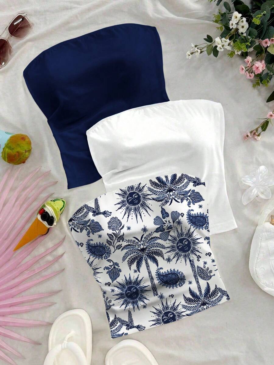Soleia Áo quây cỡ lớn in hình cây dừa và thần mặt trời, hoa điều, phối màu trơn, thích hợp cho kỳ nghỉ hè. - Nhiều màu - Xem 1