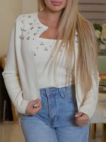 Cioccolato 珠饰水钻针织开衫 - 杏色 - 查看 3