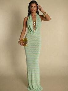 SHEIN BAE Elegant Striped Pattern Halter Neck Draped Sweater Dress - Multicolor - View 2