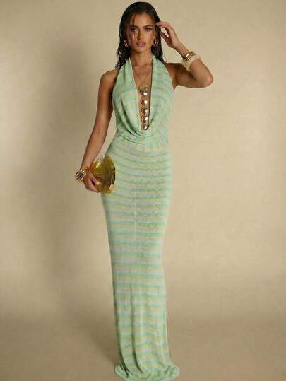 SHEIN BAE Elegant Striped Pattern Halter Neck Draped Sweater Dress
