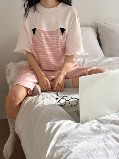 DAZY Striped Patchwork Ear Decor Loose Short Sleeve Jumpsuit