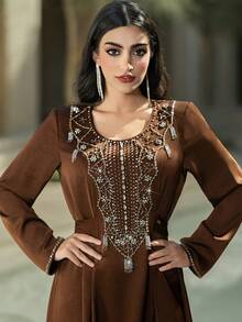 Layrah Coffee Brown Satin Handmade Beaded Embellished Arabic Style Maxi Dress