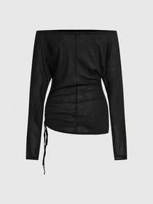 ROMWE Grunge Punk Spring/SummergraphicNavy Punk Style Anchor Rivet Off Shoulder Women's Long Sleeve Sheer Blouse - Black - View 4