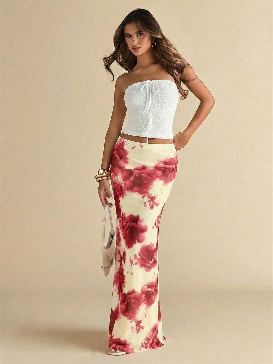 SHEIN BAE 女士印花网纱中长裙，夏季 - 紅色 - 查看 1