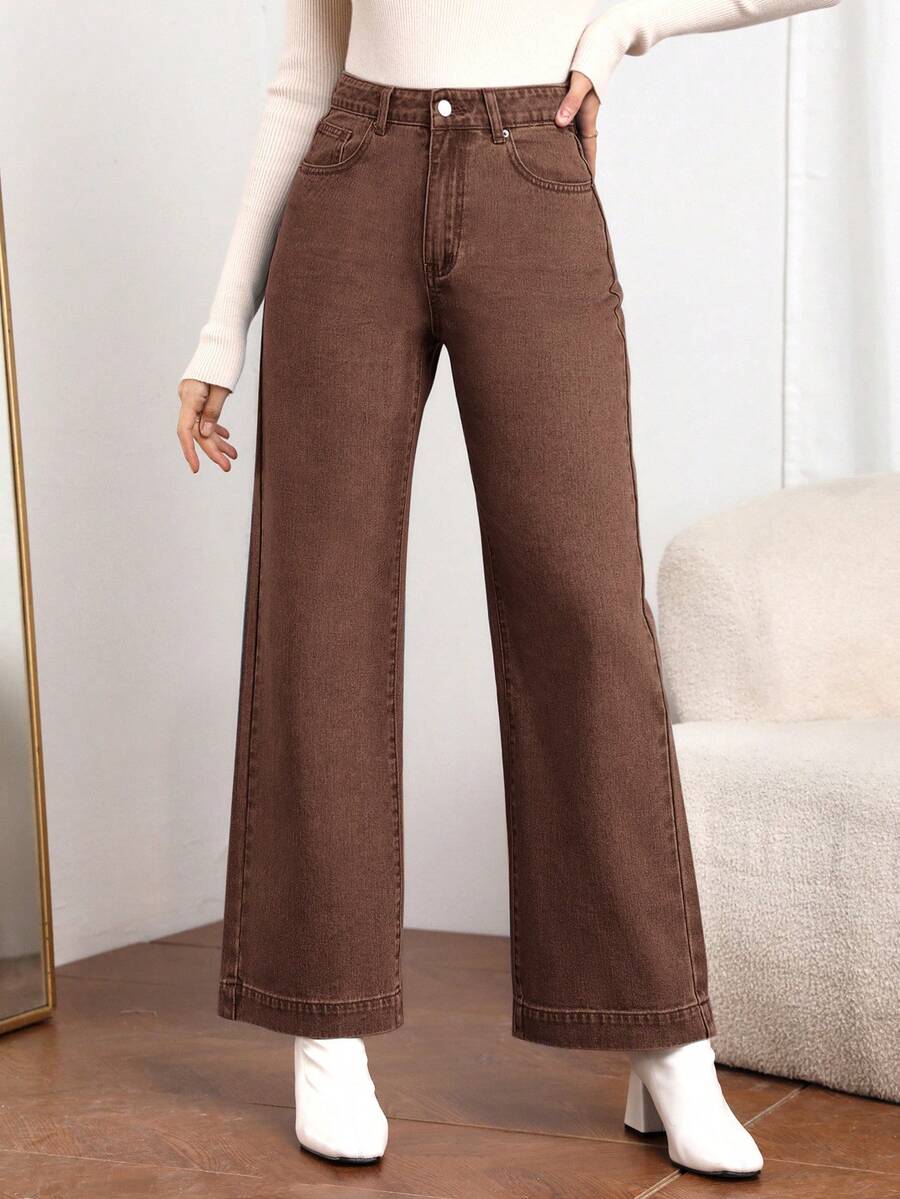 EMERY ROSE 女士口袋宽松阔腿休闲百搭牛仔裤 - 咖啡棕 - 查看 1