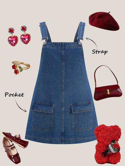 SHEIN MOD 大码女式工装口袋设计休闲牛仔背带裙夏季连衣裙春季服装女士情人节连衣裙嘉年华服装沙滩裙派对裙生日裙度假裙女士休闲连衣裙女士蓝色牛仔背带裙，配有可调节肩带和前口袋迷你背带裙女士复古风格