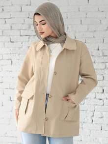 Livesso Loose Fit Color Block Lapel Collar Pockets Casual Long Sleeve Ladies Jacket,Fall Women Clothes Women Coats - Khaki - View 3