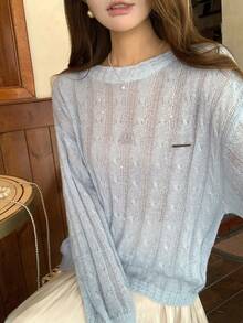 DAZY 女士宽松镂空轻薄金属质感Logo长袖休闲度假针织衫，春秋季 - 藍色 - 查看 5