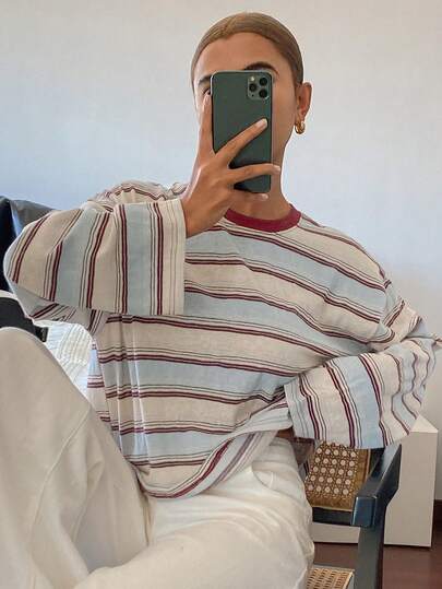 DAZY 女士休闲宽松撞色条纹圆领长袖卫衣，春秋季