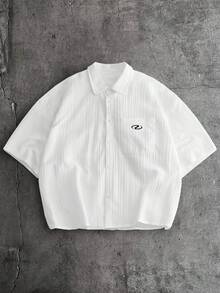 AXEPEAK Camisa casual de manga corta con estampado de letras, de corte holgado y de solapa única para hombres - Blanco - Ver 2