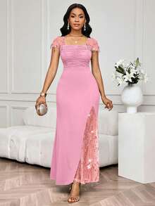 SHEIN Lady 派对宴会撞色亮片网纱蕾丝边修身连衣裙 生日/活动礼服/办公礼服/教堂礼服/婚纱/节日礼服/优雅礼服/派对礼服/婚礼宾客礼服 女款 - 藕粉色 - 查看 5