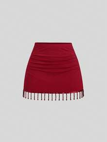 Sweetra Bộ áo thun ôm sát màu đỏ tía và chân váy ngắn xếp ly viền ren đính đá và tua rua dành cho nữ, thích hợp cho mùa xuân/hè, ngày Valentine. - Màu Đỏ Sâu - Xem 5