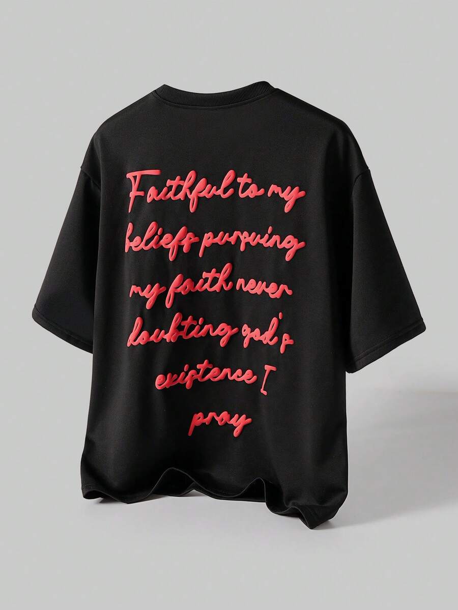 TOKVUE 男士休闲标语印花短袖T恤，夏季 - 黑色 - 查看 1