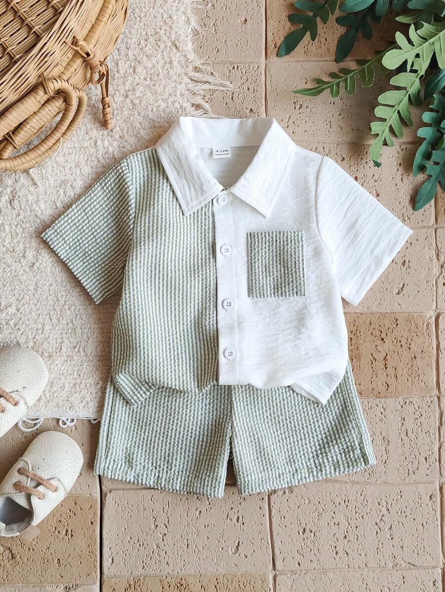 Vintaside Kids Bộ đồ cho bé trai gồm áo khoác cardigan tay ngắn cổ bẻ có túi vá và quần short. - màu xanh lá - Xem 1