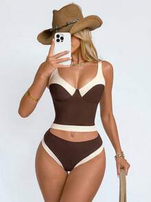 Shapewave Women's Brown & Beige Patchwork Tankini Set With Binding Waist - Multicolor - View 9