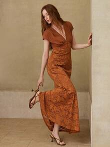 MOTF PREMIUM WOMEN'S ELASTIC KNIT FABRIC CONTRAST LACE ELEGANT DRESS, SPRING/SUMMER - Brown - View 2