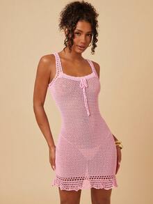 Travachic 女士镂空系带性感粉色针织连衣裙 - 粉色 - 查看 3
