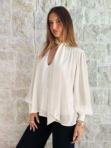 Aloruh 女士波西米亚浪漫优雅通勤雪纺深V领系带长袖衬衫，春季女装，情人节，外出上衣，优雅女式衬衫，白色上衣 - 米色 - 查看 6