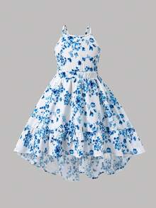 SHEIN Young Girl Sleeveless Ditsy Floral Casual Chiffon Dress Sundresses For Vacation Girl Vacation Dress,Kids - Pink - View 4