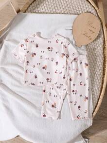 Bộ đồ mùa hè dễ thương cho bé gái sơ sinh: áo tay ngắn in hoa và quần cạp chun. - Nhiều màu - Xem 2