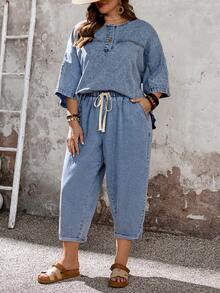 EMERY ROSE Bộ đồ denim cỡ lớn gồm áo dài tay và quần dài (2 món) - Màu xanh lam - Xem 6