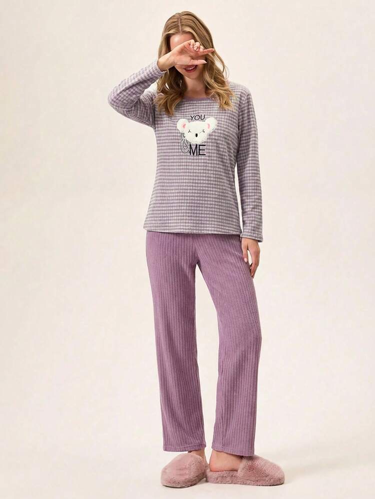 Loomlin 2pcs Contrast Colour Striped With Cute Koala Embroidery Detail PJ Set - Dusty Purple - View 3