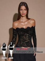 SHEIN Tall CURVE Plus Size Women's Solid Color Off Shoulder Lace Patchwork Sheer Long Sleeve Top