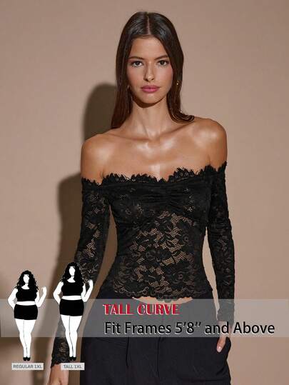 SHEIN Tall CURVE Plus Size Women's Solid Color Off Shoulder Lace Patchwork Sheer Long Sleeve Top