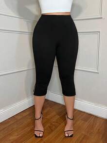 SHEIN Tall CURVE Quần legging cạp cao màu trơn dành cho nữ cỡ lớn, kiểu dáng thường ngày. - màu đen - Xem 7