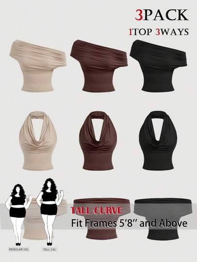 SHEIN Tall CURVE 3件套大码女式纯色休闲上衣，百搭单品