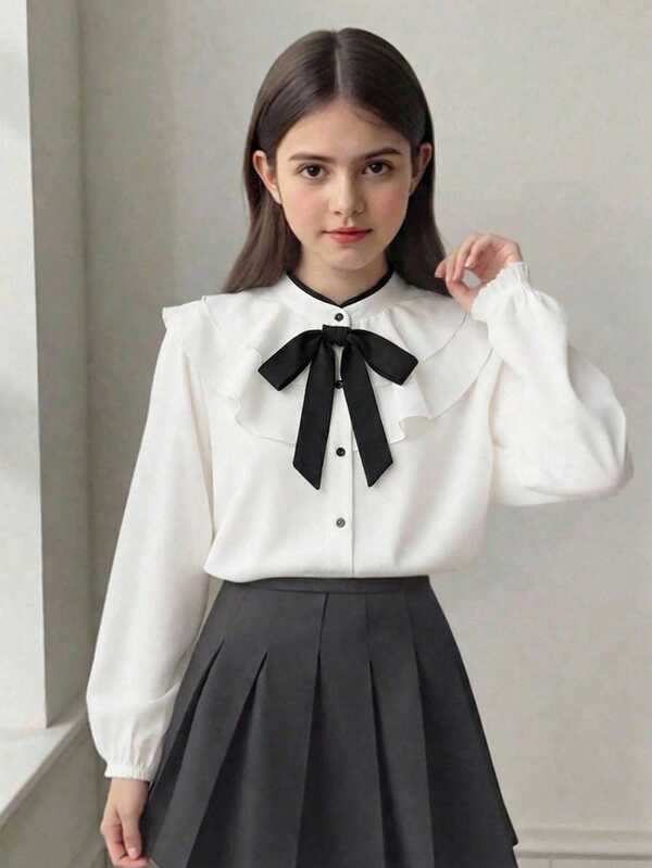 SHEIN 少女优雅时尚多层荷叶边领衬衫，黑色蝴蝶结领口装饰，精致学院风白色长袖衬衫