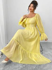 Elenzga Plus Size Women's Elegant Yellow Autumn Maxi Dress,Bow Tie Chest Mesh Patchwork Ruffle Hem Long Sleeve Gathered Waist A-Line Vacation Holiday Dress - Light Yellow - View 4