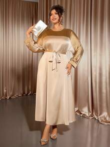 Cravure Plus Size Round Neck Long Sleeve Foil Patchwork Contrast Color Waist Tie Pullover Dress, Champagne, Autumn, Elegant, Casual Vacation Party Commute - Khaki - View 1