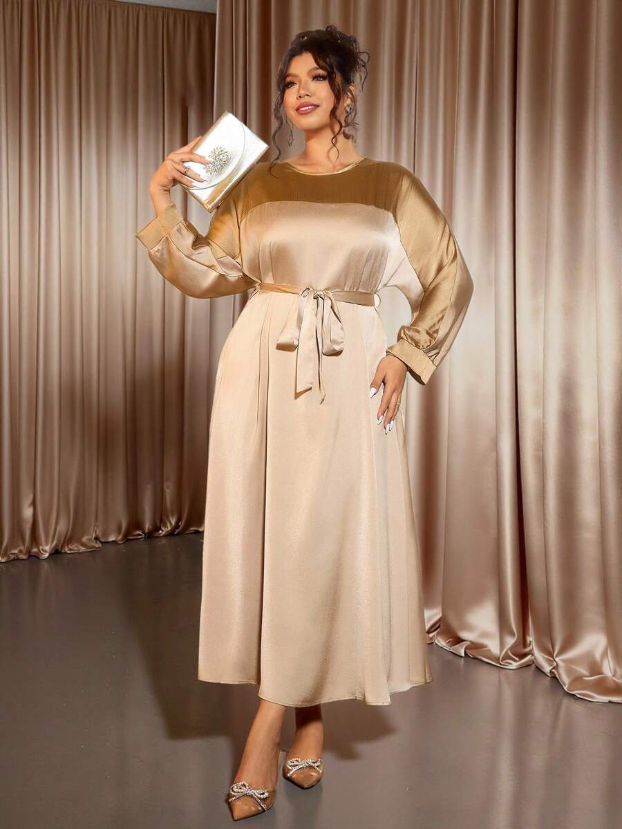Cravure Plus Size Round Neck Long Sleeve Foil Patchwork Contrast Color Waist Tie Pullover Dress, Champagne, Autumn, Elegant, Casual Vacation Party Commute - Khaki - View 1