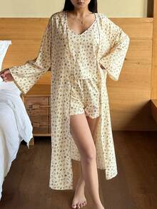 DAZY 3pcs/Set Women Cute Fruit & Floral All-Over Print Robe, Camisole And Shorts Pajama Set - Yellow - View 8