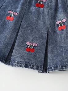 2pcs Girls Toddler Vest Set,Summer Back-To-School White Vest With Cherry Blossom Embroidery&Flutter Sleeves,Mid-Blue Denim Skirt,Soft Cute School Wear - Blue and White - View 5
