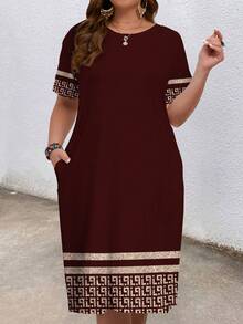 EMERY ROSE Plus Size Women Geometric Print Round Neck Short Sleeve Pocket Casual Dress Spring - Brown - View 4