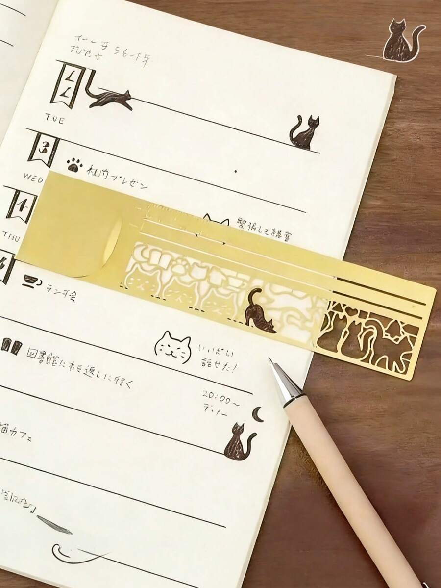 1个猫咪图案双面书签，多功能礼品猫咪模板尺，日记本计划本笔记文具工具 - 彩色 - 查看 1