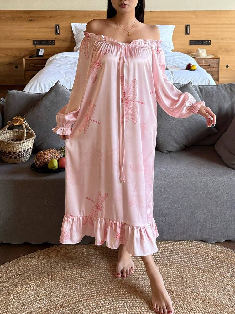 Romantic Dragonfly Print Satin Off-Shoulder Loose Women Nightgown