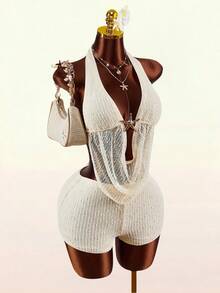 Amplova Women's Off-White Summer Seksi Chic Vacation Holiday 2 Pieces Set Metal Starfish Draped Backless Halter Neck Top And Nautical Shorts Clothes - Apricot - View 6